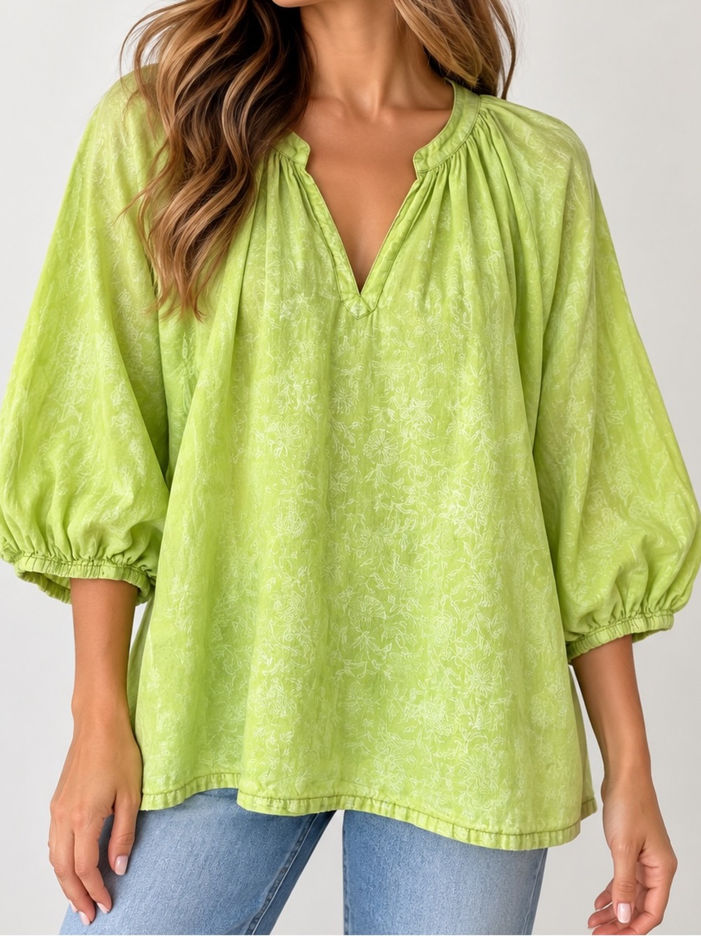 Ro’s Garden Green Floral Peasant Oversized Balloon Sleeve Blouse
